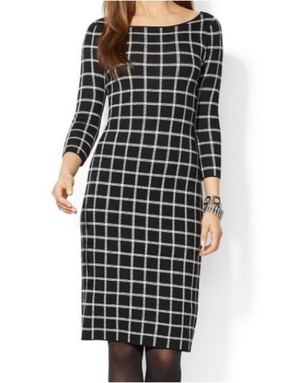 LRL Ralph Lauren Plaid Windowpane Checkered Sweater Dress Black Cream Size XS